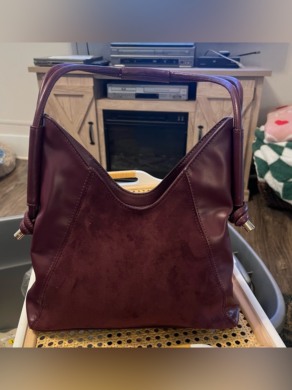 Women’s Wine Colored Faux Leather & Suede Hobo Bag